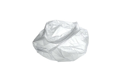 Crumpled white plastic bag, possibly disposable, showing wrinkles and folds, isolated on black background