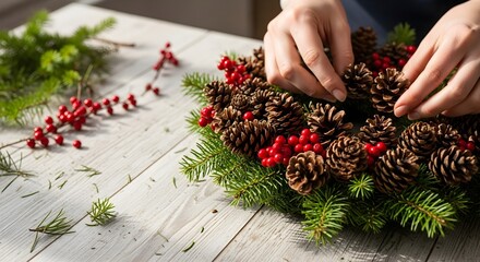 Close-up of hands decorating a beautiful Christmas wreath with natural pinecones and red berries on a rustic wooden table, symbolizing festive holiday crafting.