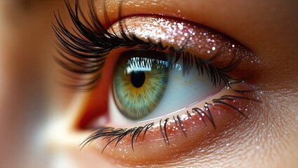 Close-up view of a captivating green eye with detailed eyelashes and glittering makeup, showcasing the beauty and texture of the human eye.