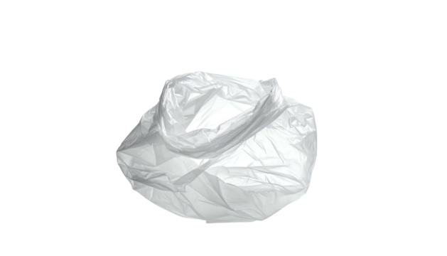 Crumpled white plastic bag, possibly disposable, showing wrinkles and folds, isolated on black background