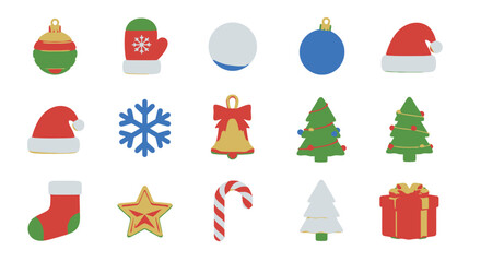 An array of Christmas themed icons including ornaments, a mitten, Santa hats, a bell, a gift, trees, a snowflake, a star, and a candy cane.