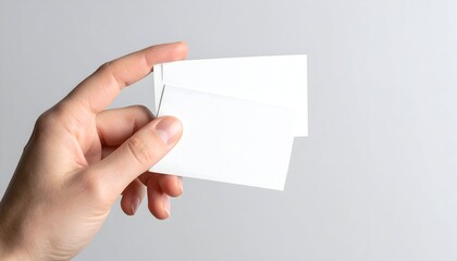 A hand holds two blank business cards against a light gray background
