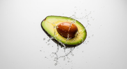 Dynamic halved avocado with splashing water floating on a white background
