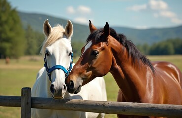 Obraz premium Close-up of two horses, brown and white, near wooden fence in rural landscape. Farm animals on pasture with mountain backdrop graze on sunny day. Equestrian lifestyle.