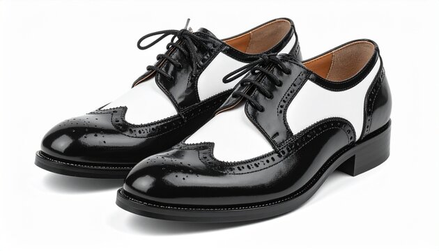 Black and white wingtip oxford shoes with brogue detailing lace-up design and slight heel for editorial fashion photography formal menswear and classic footwear-themed visuals