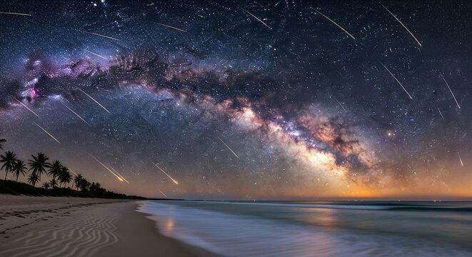 Celestial spectacle of a meteor shower and the Milky Way galaxy arching over a tranquil tropical beach at night - Powered by Adobe