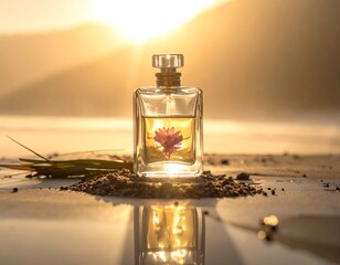 Perfume bottle on beach at sunrise
