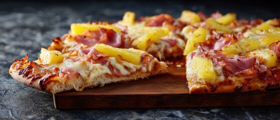 The Pizza with Ham and Pineapple on a Rustic Wooden Board with Melted Cheese