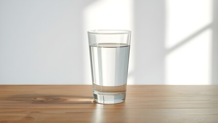 Glass of water on wooden table with sunlight