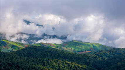 Aerial of Village in rain cloud cover tropical green mountain. Rainy season. Misty cover green forest. beautiful green village