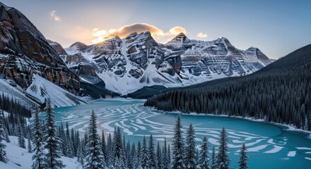 Majestic snow capped mountains towering over a partially frozen turquoise lake at sunrise
