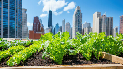 Fototapeta premium Urban rooftop garden with fresh lettuce and greens, showcasing vibrant community space against city skyline