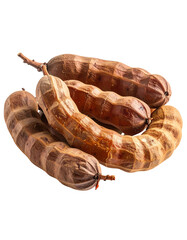 Four brown, ripe tamarind pods, slightly curved, showing textured, ridged surfaces, nestled together on a dark background