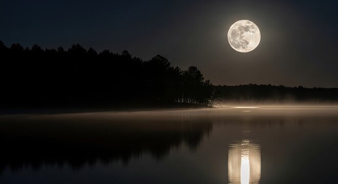 Full moon illuminates misty lake reflecting its glow under a dark forest canopy