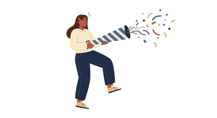 Woman celebrates with a blue and white striped party horn, confetti bursts out, expressing joy and excitement.