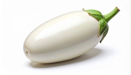 Single white eggplant with smooth glossy skin and green calyx on plain white background for editorial food photography rare produce and culinary ingredient-themed visuals