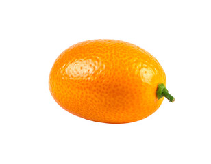 A single, ripe kumquat, oval-shaped, vibrant orange hue, slightly textured skin, small green stem