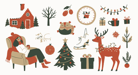 A cozy Christmas illustration featuring a woman relaxing in a chair, a decorated tree, a house, a deer, and other festive holiday elements.