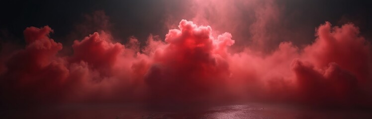 Red cloud smoke floor background. Steam, dus, fog concept. Dark red cloudscape and mist on ground. Night scene with abstract mysterious red clouds in night. Atmospheric red smoky background.