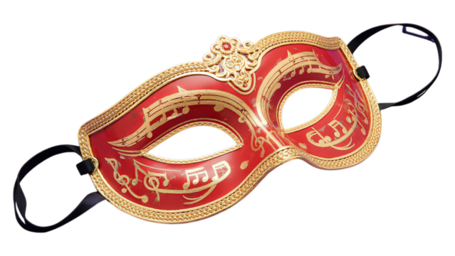 Red Masquerade Mask with Gold Music Notes, Transparent Background, Elegant Design Element