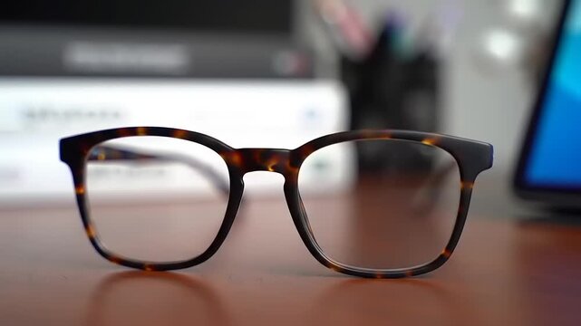 Stylish tortoise-shell eyeglasses resting on a wooden desk in a modern home office setting with blurred background elements.