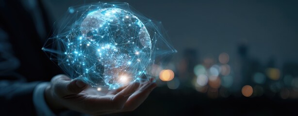 The Digital Globe of Global Connectivity Floating Above a Hand Over City Lights at Night