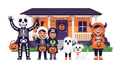 Halloween Fun: A group of adorable children in costumes are gathering on the porch, full of anticipation and excitement as they celebrate Halloween. A mix of the spooky, charming, and celebratory.
