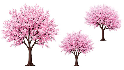 Obraz premium Three stylized cherry blossom trees in varying sizes, vibrant pink blossoms against a dark background