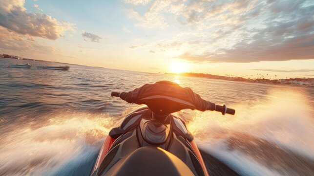 Exhilarating jet ski adventure on ocean waters with sun setting casting a golden hour glow