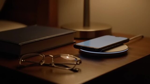 Smartphone Wirelessly Charging on Bedside Table with Book and Glasses in Dim Evening Light
