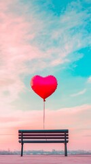 Red heart balloon is floating above a bench in a park. The scene is serene and peaceful, with the balloon and bench as the main focus