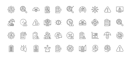 Risk Management icon set containing risk identification, assessment, mitigation, analysis, control, define, threat and risk monitoring vector icons