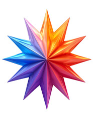 A vibrant, multifaceted, twelve-pointed star with a color gradient transitioning from cool blues and purples to warm oranges and reds