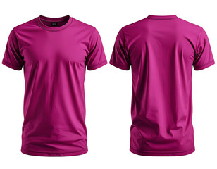 A fuchsia crew-neck t-shirt shown from front and back views on a black background