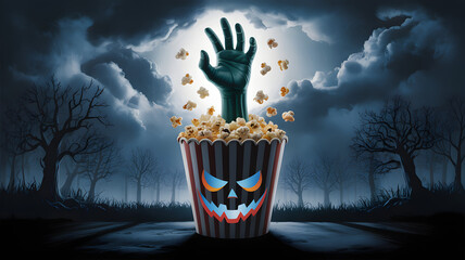 A spooky popcorn bucket with a zombie hand reaching out in a dark and eerie forest scene abstract wallpaper