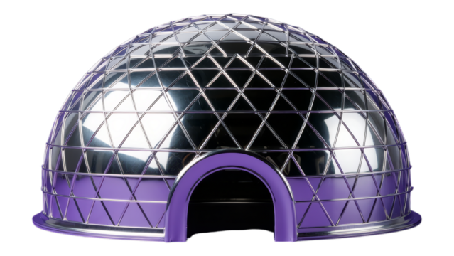 Silver Geodesic Dome with Purple Base on Transparent Background, 3D Realism Design Element