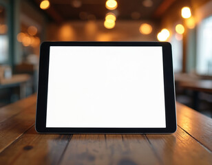 Modern tablet with blank screen on wooden cafe table, cozy interior. Device display template, design presentation for app, website, cyberspace communication, online business work. Hot drink relax