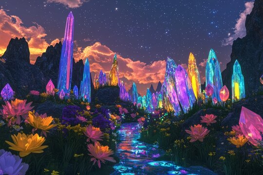 A breathtaking fantasy landscape featuring vibrant crystals and blooming flowers under a twilight sky, creating a serene and enchanting atmosphere for admirers of nature's beauty.