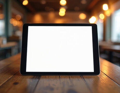 Modern tablet with blank screen on wooden cafe table, cozy interior. Device display template, design presentation for app, website, cyberspace communication, online business work. Hot drink relax