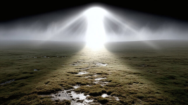 Mysterious bright light beam illuminates misty open field at dawn, hinting at otherworldly phenomena - Powered by Adobe
