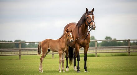 Tranquil scene of a mare and her foal grazing peacefully in a field