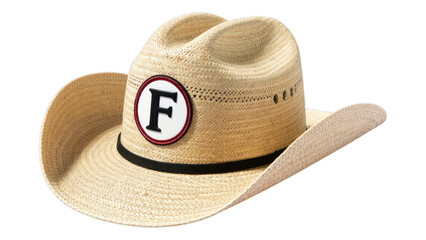 Straw Cowboy Hat with Black Band and "F" Badge, on Transparent Background, Western Design Element