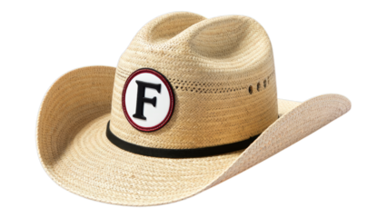 Straw Cowboy Hat with Black Band and "F" Badge, on Transparent Background, Western Design Element