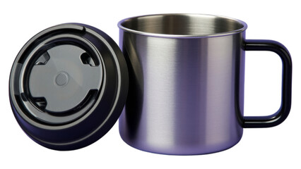 Stainless Steel Mug with Black Handle and Lid, Glossy Finish on Transparent Background, Minimalist Design Element