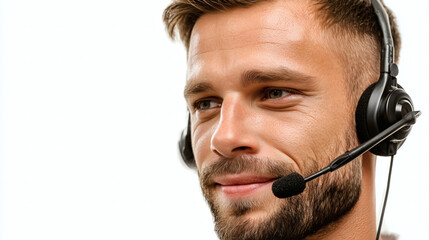 Friendly customer service professional smiling while wearing headset for effective communication and support on white background