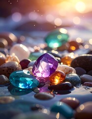 Colorful gems and stones on wet beach stones at sunrise