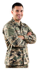Smiling Soldier in Camouflage Uniform with Transparent Background, Military Portrait Cutout
