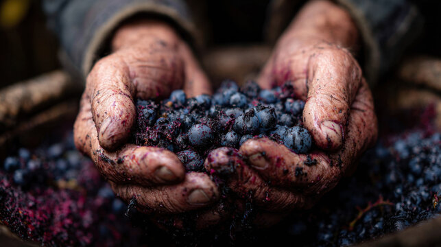 Freshly harvested blueberries held in weathered hands covered in dirt and remnants of berries, surrounded by a rustic wooden bowl filled with more fruit.