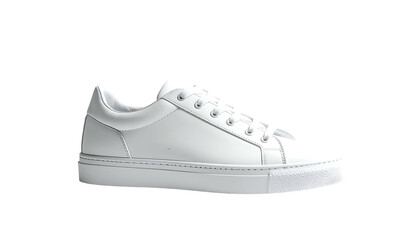 Clean, minimalist white leather sneaker with low profile, flat laces, and a slightly rounded toe