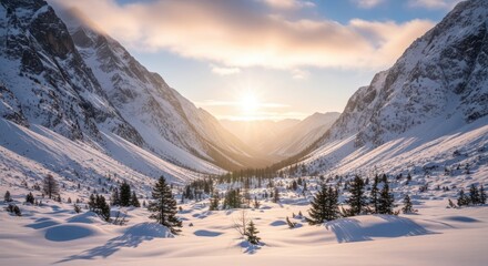 Majestic snow covered mountain valley bathed in golden sunrise light